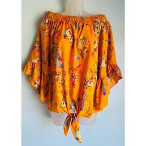 Bright Orange Floral Off-Shoulder Tie-Hem Top